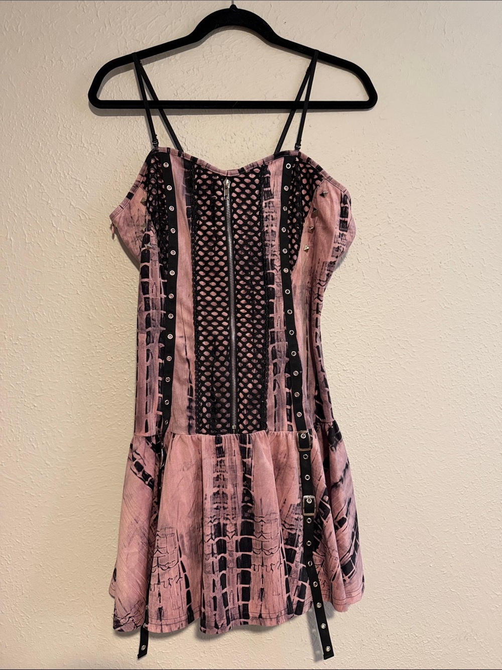 Pink Printed Mini Dress with Stud and Mesh Accents